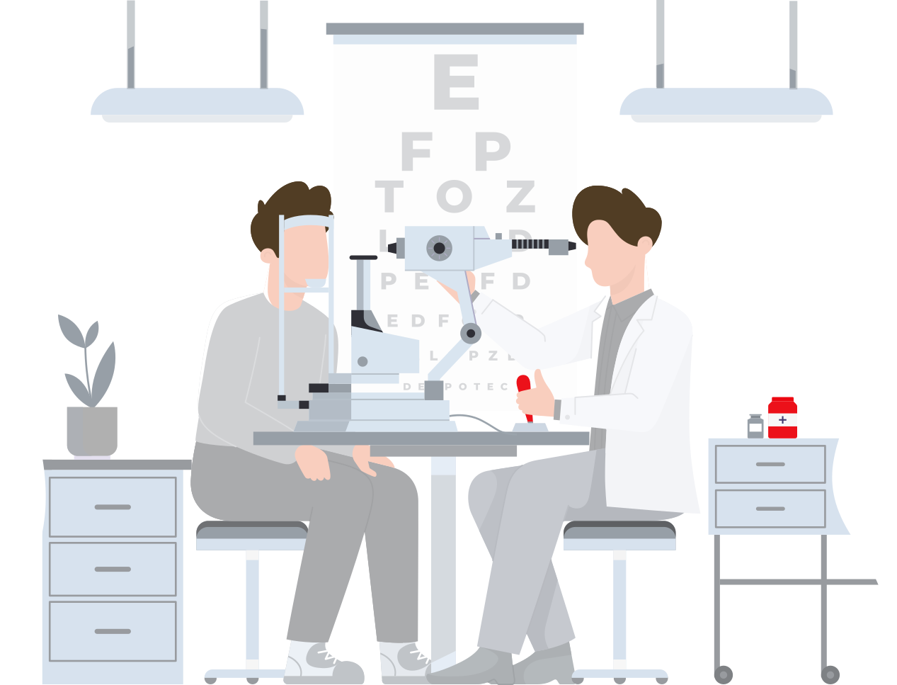 Optometristic examining patient for eye problem using machine